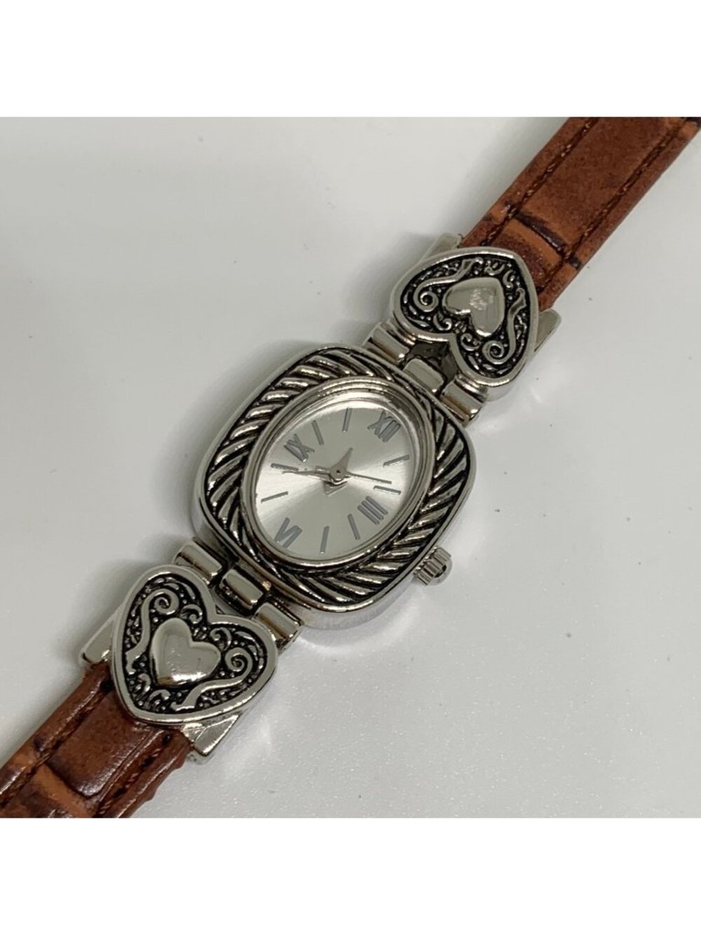 Accutime Women’s SilverTone watch 20mm quartz analog heart brown leather running